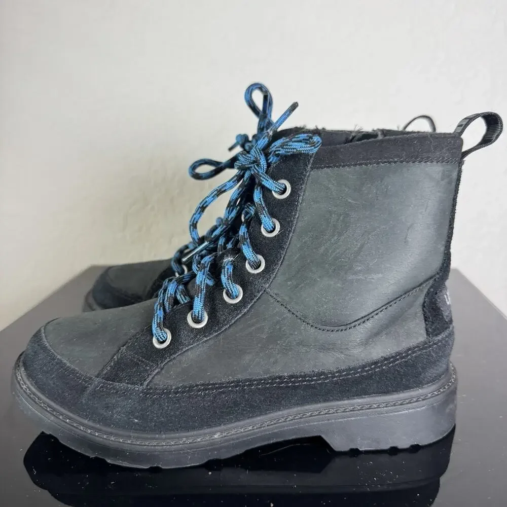 Ugg Robley Kids Waterproof Leather Boots Shoes 2 Black Blue Laces Zip Suede EUC